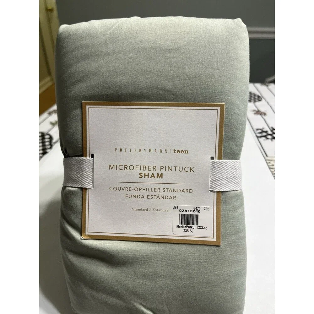 Pair of Pottery Barn Sage Green Microfiber Pintuck Standard Sham